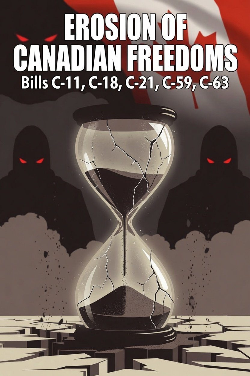 Illustration of a cracked hourglass over a Canadian flag, symbolizing eroding freedoms